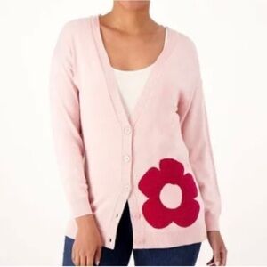 Laurie Felt NWT Cashmere Blend Pink Cardigan with Red Daisy Size 1X